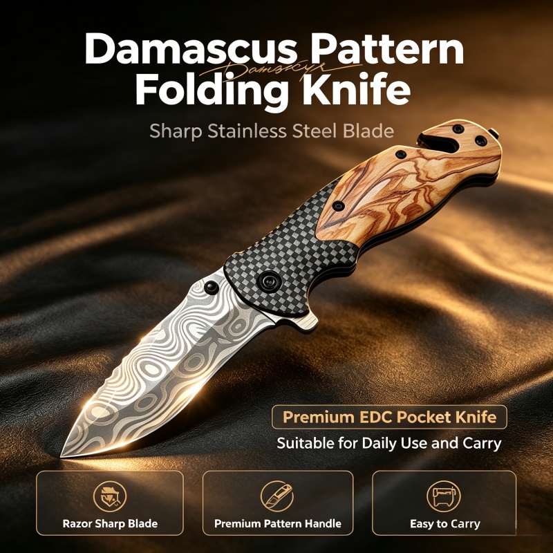 Edc Carry Pocket Knife - Składany nóż ze wzorem damasceńskim, ostry